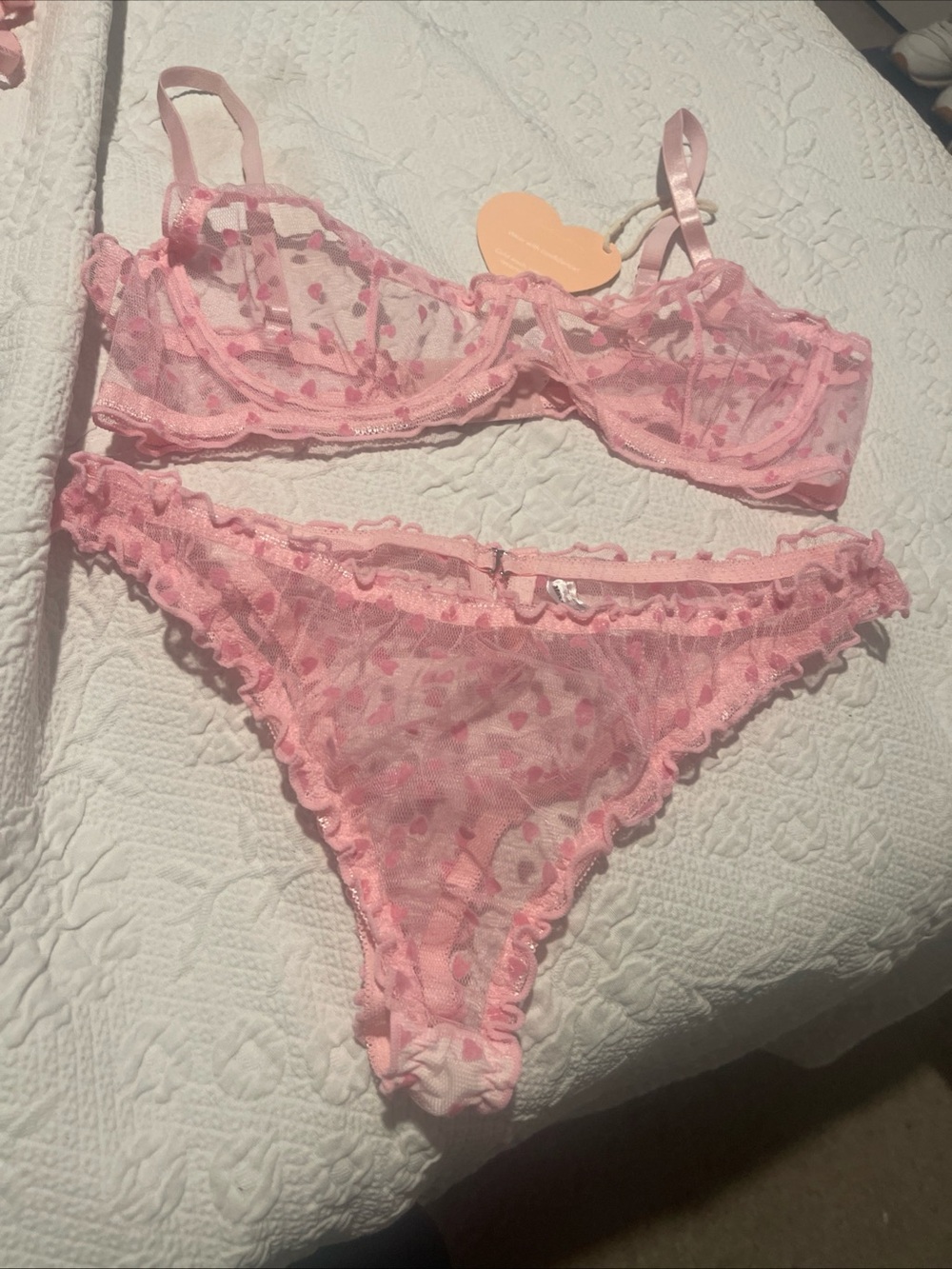 Sheer Pink Heart Lace Lingerie Set - Moxy Intimates M Hearts & Ruffles. Underwir